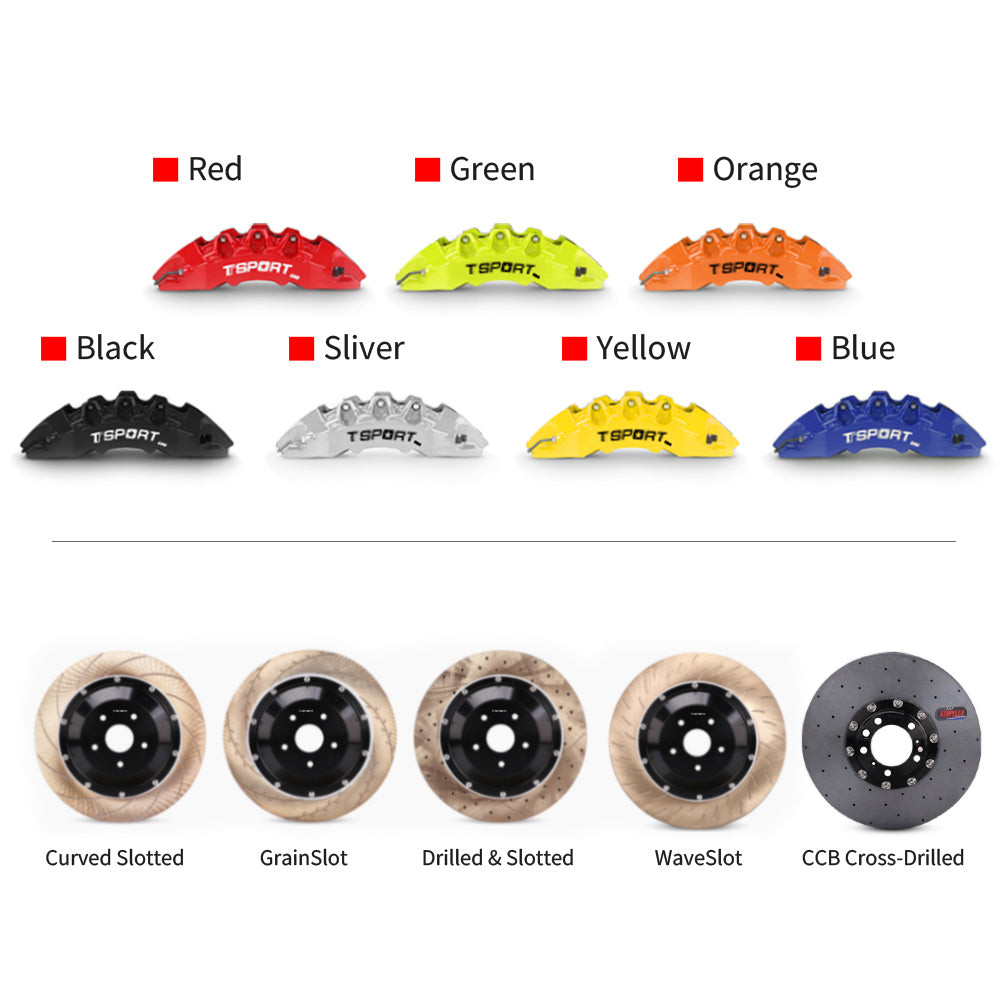 Customization options for the TTSPORT EB8 brake kit, featuring available caliper colors (red, blue, green, orange), rotor designs (drilled and slotted), and rotor materials (steel and carbon ceramic).