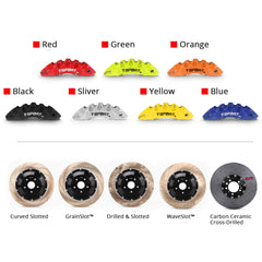 Customization options for the TTSPORT EB8 brake kit, featuring available caliper colors (red, blue, green, orange), rotor designs (drilled and slotted), and rotor materials (steel and carbon ceramic).