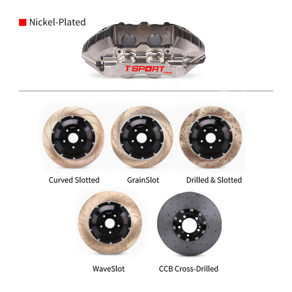 Customization options for the TTSPORT EMB4 brake kit, featuring available caliper colors (chrome), rotor designs (drilled and slotted), and rotor materials (steel and carbon ceramic).