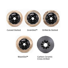 Customization options for the TTSPORT EMB4 brake kit, featuring available caliper colors (chrome), rotor designs (drilled and slotted), and rotor materials (steel and carbon ceramic).