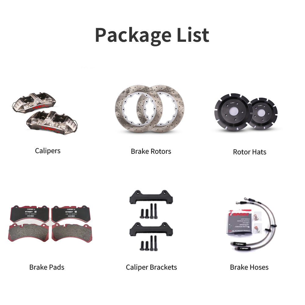 Unboxing the complete TTSPORT EMB6 performance big brake kit, including all components: calipers, rotors, pads, brake line, and mounting hardware.