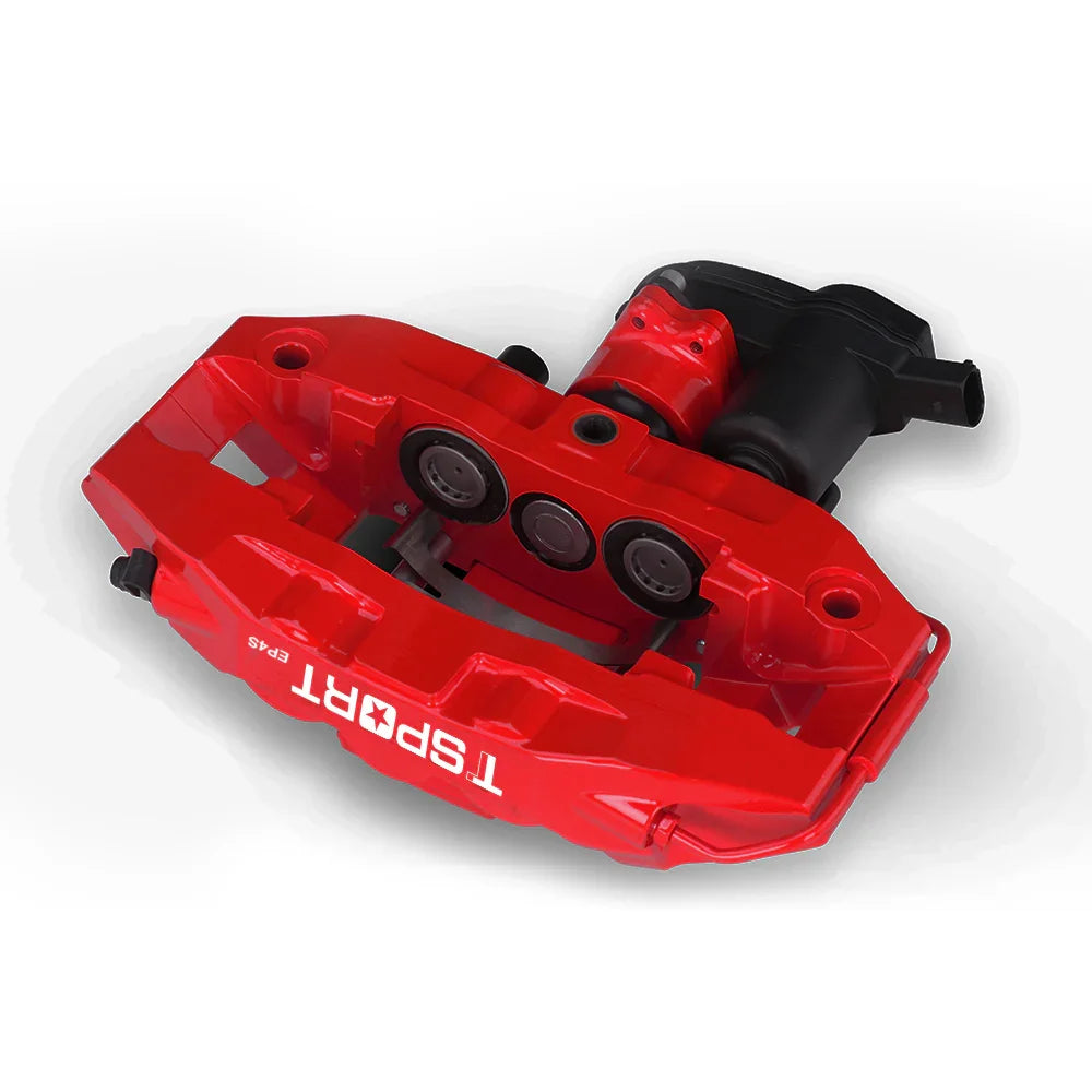 Detailed view of the 4 pistons and 1 motor with dust boot inside a TTSPORT EP4S forged brake caliper.