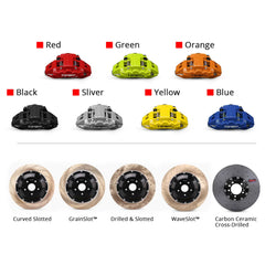 Customization options for the TTSPORT EP4S brake kit, featuring available caliper colors (red, blue, green, orange), rotor designs (drilled and slotted), and rotor materials (steel and carbon ceramic).