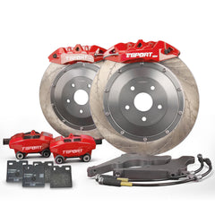 Complete TTSPORT rear wheel electronic parking brake (EPB), showing the single-piston forged calipers, J-hock slotted 2-piece rotor, performance pads, and steel-braided brake lines.