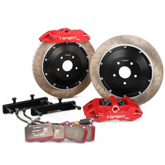 Complete TTSPORT ES4 rear wheel big brake kit, showing the 4-piston forged calipers, slotted 2-piece floating rotor, performance pads, and steel-braided brake lines.