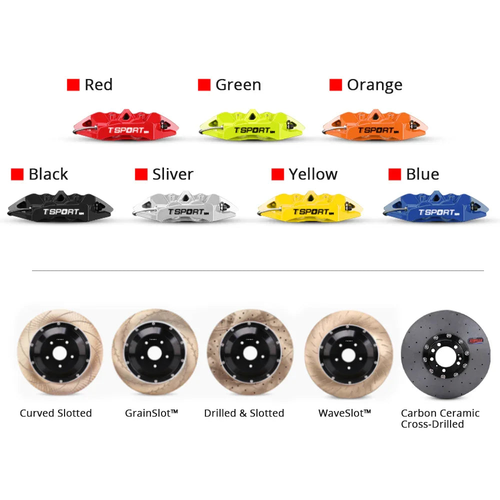 Customization options for the TTSPORT ES4 brake kit, featuring available caliper colors (red, blue, green, orange), rotor designs (drilled and slotted), and rotor materials (steel and carbon ceramic).