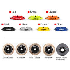 Customization options for the TTSPORT ES4 brake kit, featuring available caliper colors (red, blue, green, orange), rotor designs (drilled and slotted), and rotor materials (steel and carbon ceramic).