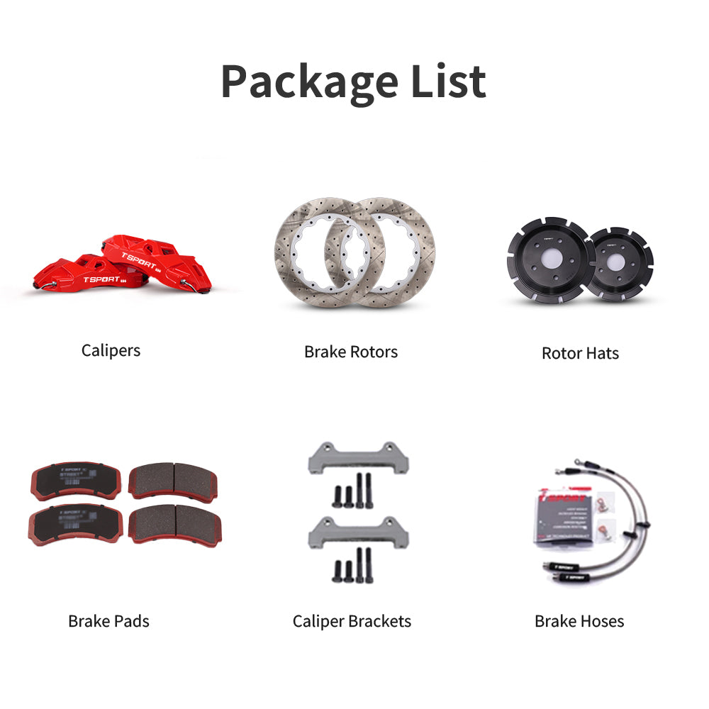 Unboxing the complete TTSPORT ES6 performance big brake kit, including all components: calipers, rotors, pads, brake line, and mounting hardware.