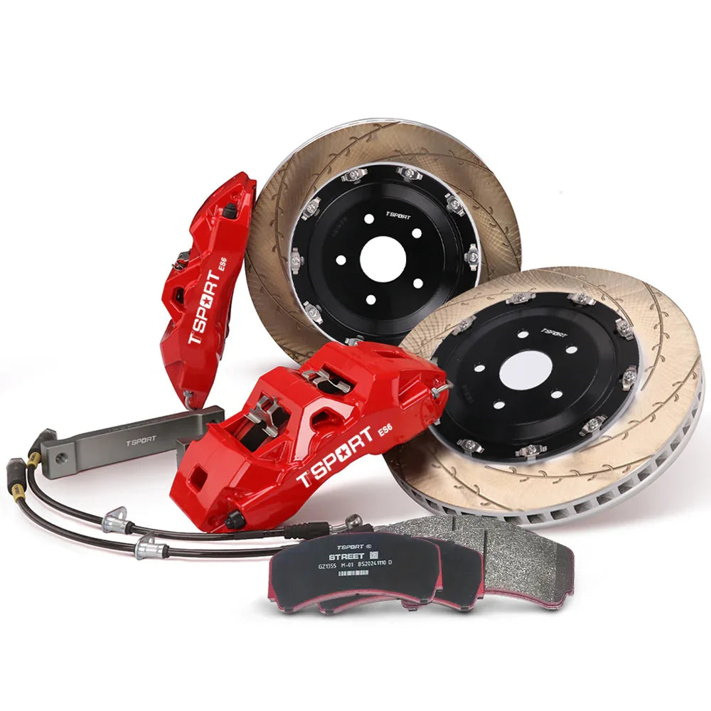 Complete TTSPORT ES6 front wheel big brake kit, showing the 6-piston forged calipers, slotted 2-piece floating rotor, performance pads, and steel-braided brake lines.