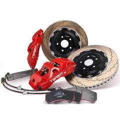 Complete TTSPORT ES6 front wheel big brake kit, showing the 6-piston forged calipers, slotted 2-piece floating rotor, performance pads, and steel-braided brake lines.