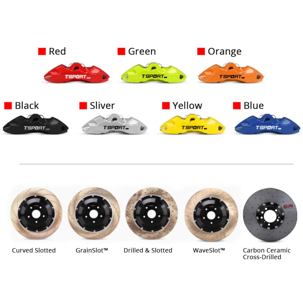 Customization options for the TTSPORT ES6 brake kit, featuring available caliper colors (red, blue, green, orange), rotor designs (drilled and slotted), and rotor materials (steel and carbon ceramic).