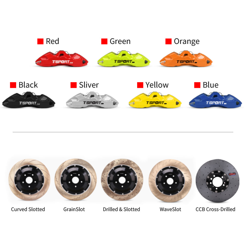 Customization options for the TTSPORT ES6 brake kit, featuring available caliper colors (red, blue, green, orange), rotor designs (drilled and slotted), and rotor materials (steel and carbon ceramic).