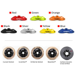 Customization options for the TTSPORT ES6 brake kit, featuring available caliper colors (red, blue, green, orange), rotor designs (drilled and slotted), and rotor materials (steel and carbon ceramic).