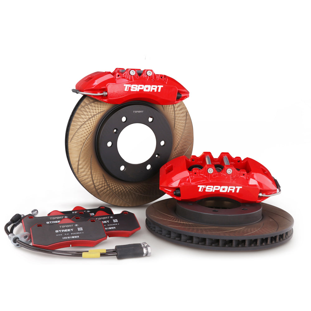 Complete TTSPORT GWM Cannon 7640TK front wheel big brake kit, showing the 6-piston forged calipers, slotted rotor, performance pads, and steel-braided brake lines.