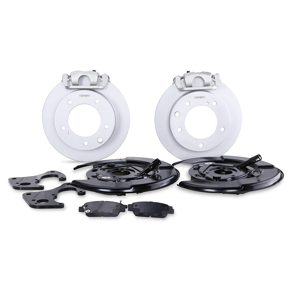 Complete TTSPORT Suzuki Jimny rear wheel brake kit, showing the floating calipers, blank rotor, performance pads, and steel-braided brake lines.