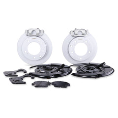 Complete TTSPORT Suzuki Jimny rear wheel brake kit, showing the floating calipers, blank rotor, performance pads, and steel-braided brake lines.