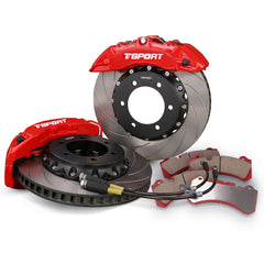 Complete TTSPORT Toyota Land Curise and Prado front wheel big brake kit, showing the 6-piston forged calipers, slotted 2-piece rotor, performance pads, and steel-braided brake lines.