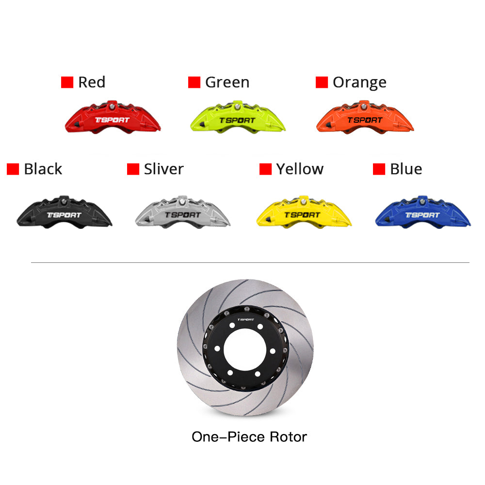 Customization options for the TTSPORT Toyota Land Cruiser and Prado front wheel brake kit, featuring available caliper colors (red, blue, green, orange), rotor designs (slotted).