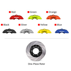 Customization options for the TTSPORT Toyota Land Cruiser and Prado front wheel brake kit, featuring available caliper colors (red, blue, green, orange), rotor designs (slotted).