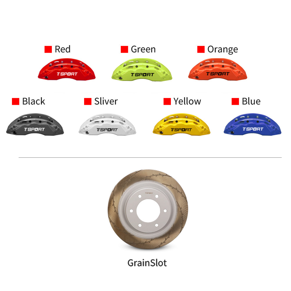 Customization options for the TTSPORT PB6 for Ford Bronco front wheel brake kit, featuring available caliper colors (red, blue, green, orange), rotor designs (slotted).