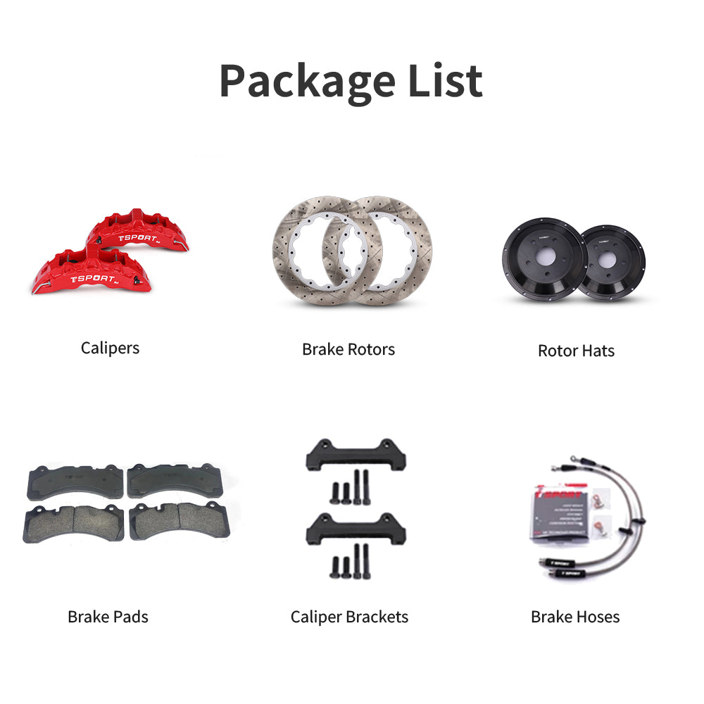 Unboxing the complete TTSPORT SL6 performance big brake kit, including all components: calipers, rotors, pads, brake line, and mounting hardware.