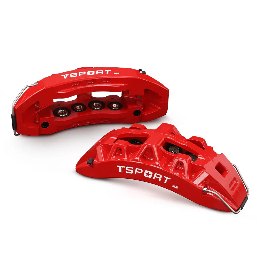 Detailed view of the 8 pistons with dust boot inside a TTSPORT SL8 forged brake caliper.