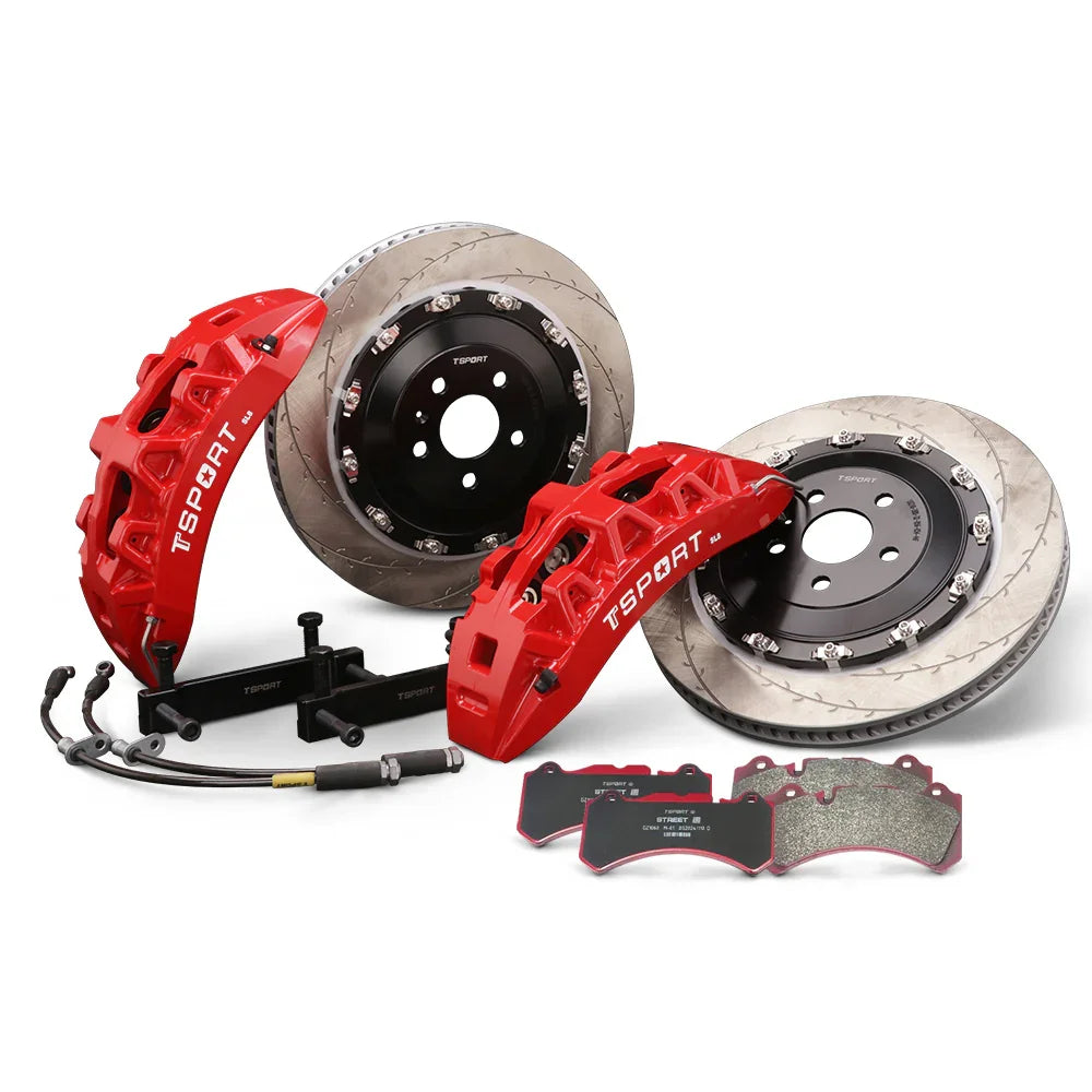Complete TTSPORT SL8 front wheel big brake kit, showing the 8-piston forged calipers, slotted 2-piece floating rotor, performance pads, and steel-braided brake lines.