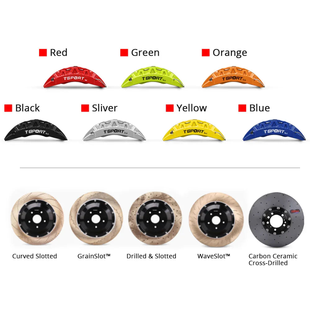 Customization options for the TTSPORT SL8 brake kit, featuring available caliper colors (red, blue, green, orange), rotor designs (drilled and slotted), rotor materials (steel and carbon ceramic).