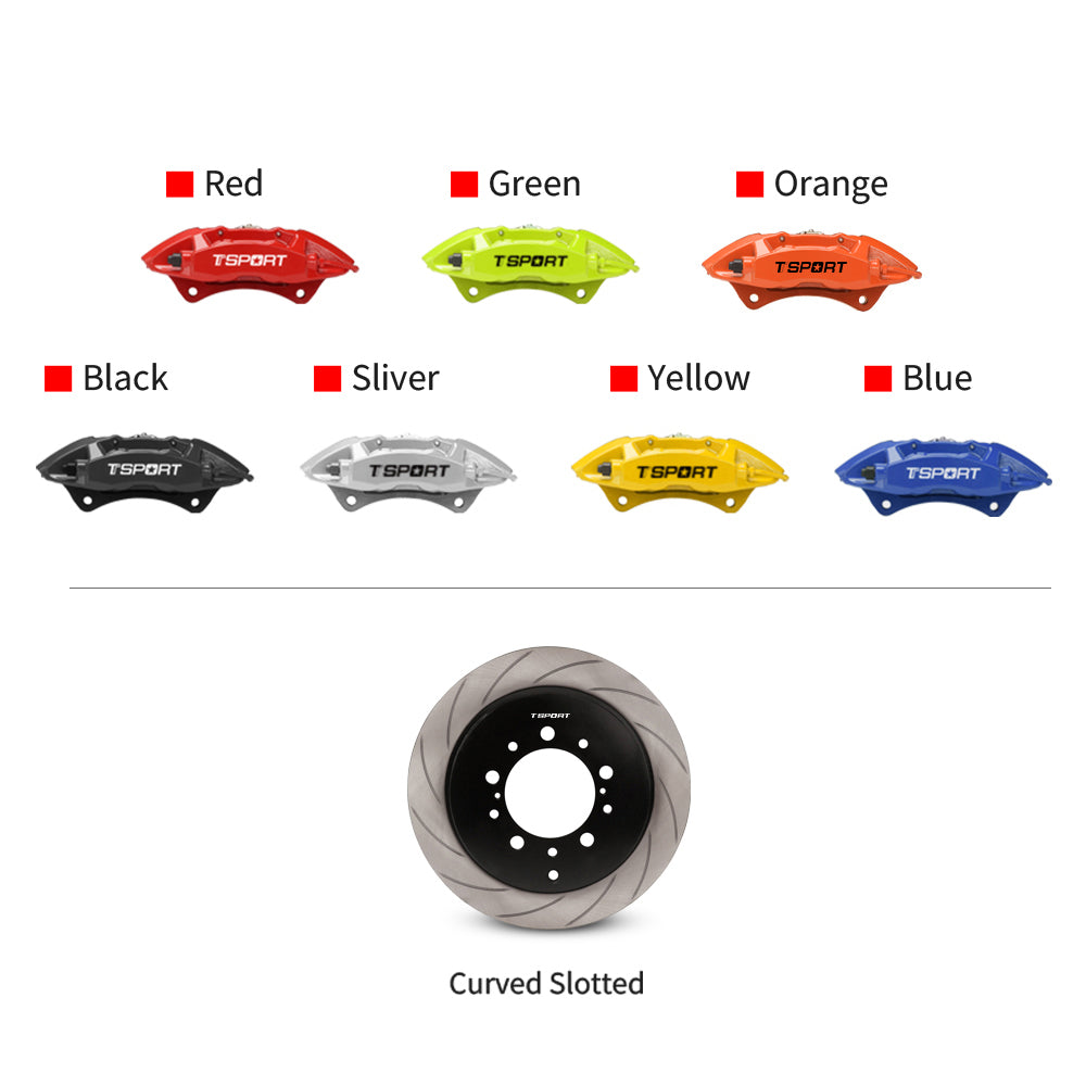 Customization options for the TTSPORT Toyota Tundra & Sequoia rear wheel brake kit, featuring available caliper colors (red, blue, green, orange), rotor designs (slotted).