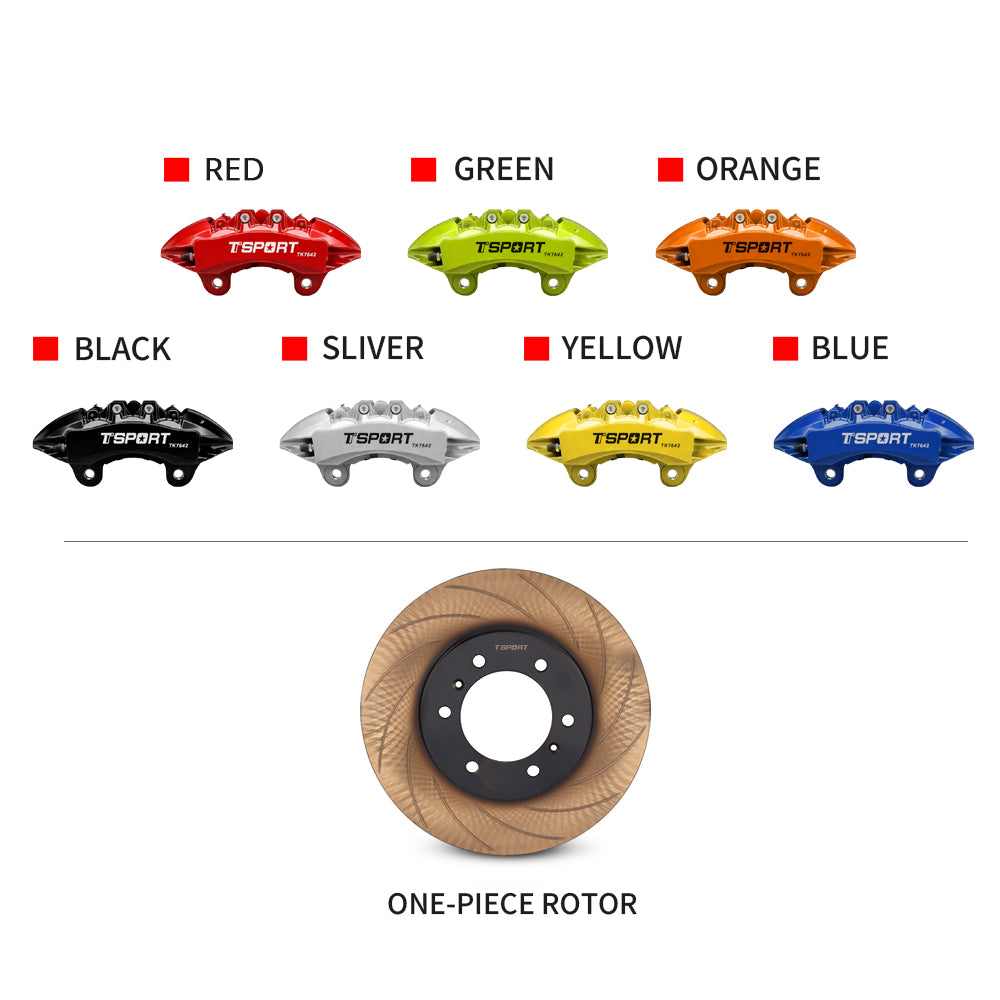 Close-up of TTSPORT 7642TK forged brake caliper [Red/Yellow/Green/Orange/Black/Silver/Yellow/Blue] finish for Toyota Tundra (XK70) & Sequoia (XK80) off-road upgrade.