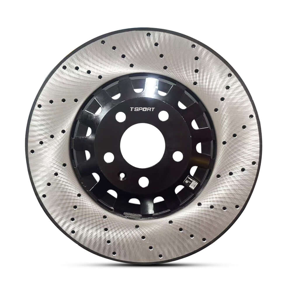 TTSPORT front wheel drilled brake rotor, an OEM replacement for Audi TT and TTS.