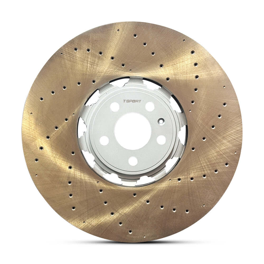 TTSPORT 420x40mm front wheel drilled brake rotor, an OEM replacement for Audi RS6, RS7, RSQ8, and Porsche Panamera/Cayenne.