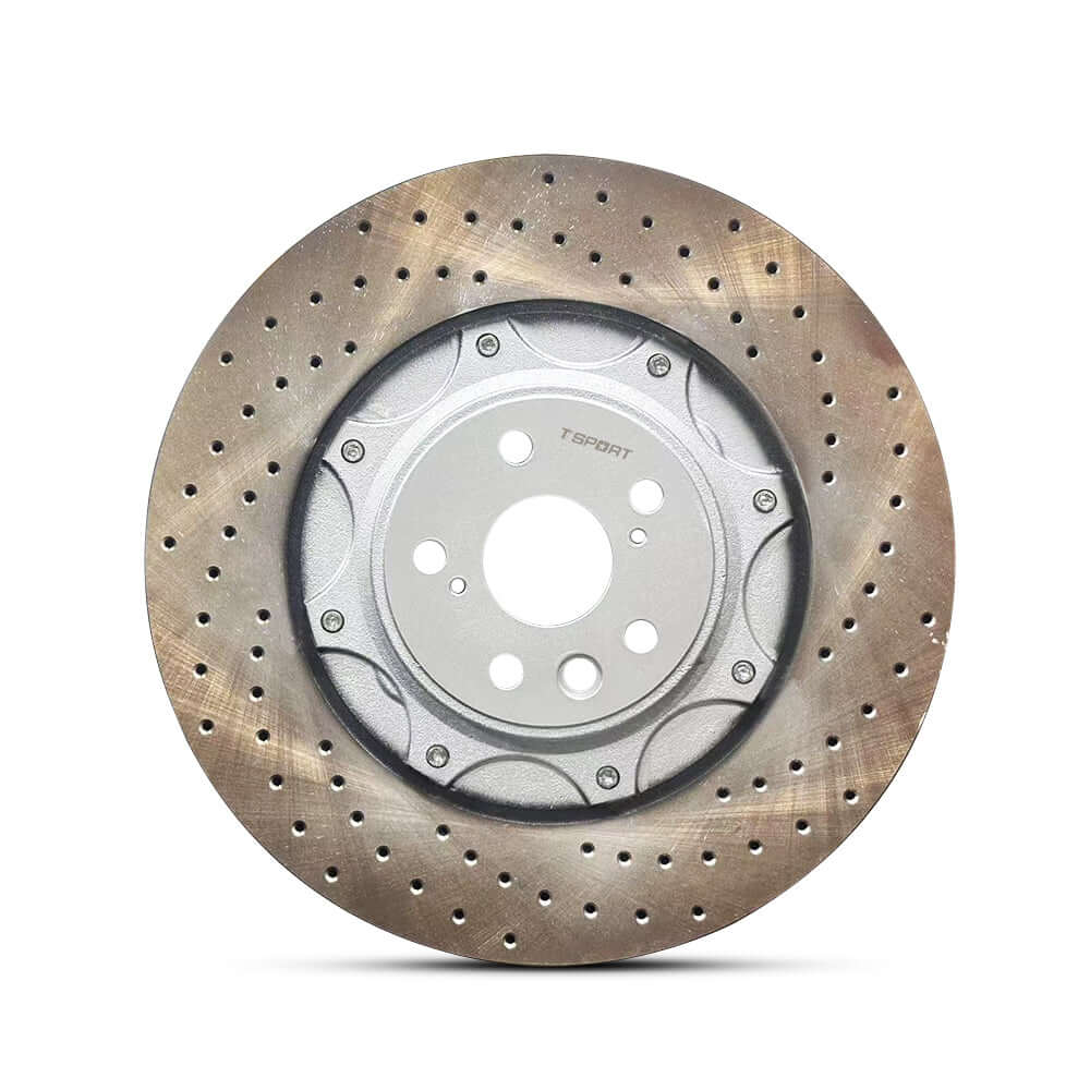 TTSPORT front wheel drilled brake rotor, an OEM replacement for Toyota Tundra, Sequoia, Land Cruiser, and Lexus LX570.