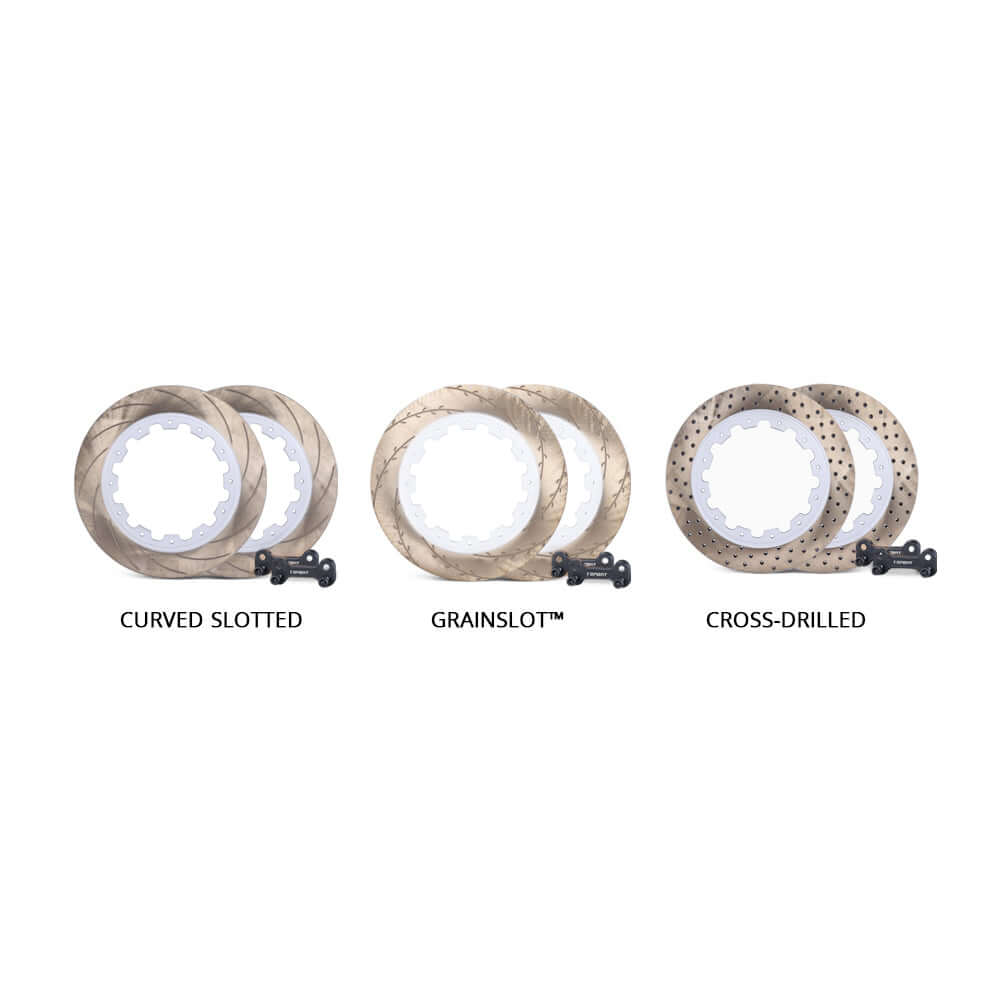 Shows three different designs of TTSPORT performance brake rotors: curved slotted, grain slot, and cross-drilled.