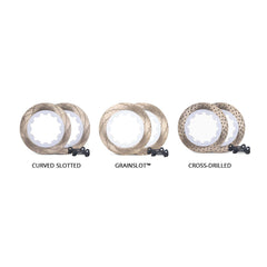 Shows three different designs of TTSPORT performance brake rotors: curved slotted, grain slot, and cross-drilled.