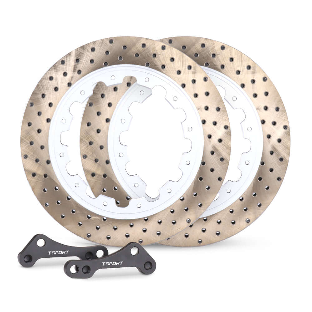 A set of two-piece drilled brake rotors for the rear wheel.