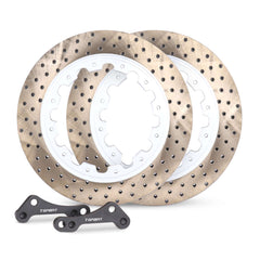 A set of two-piece drilled brake rotors for the rear wheel.