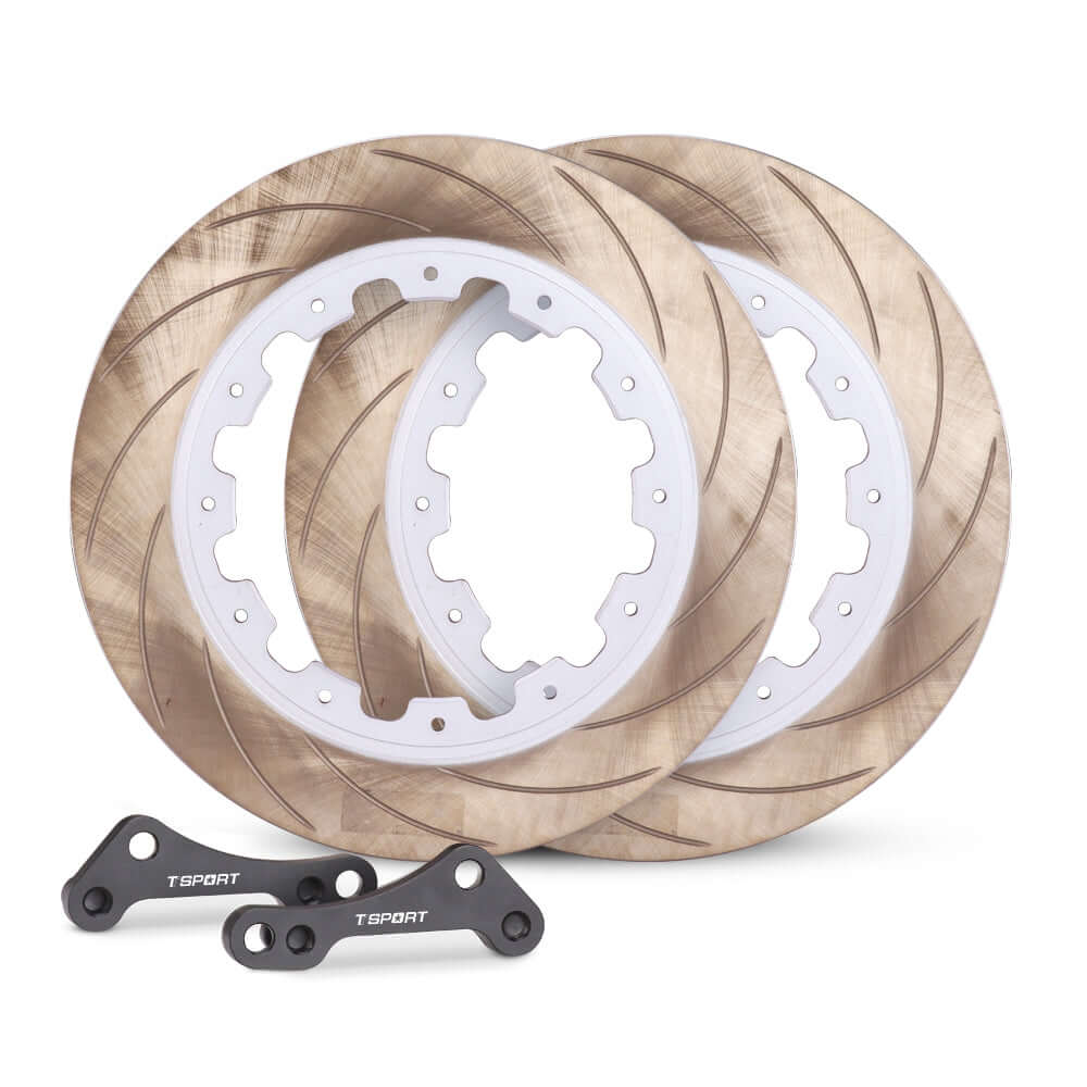 TTSPORT aftermarket performance steel brake rotor with a two-piece curved slotted construction.